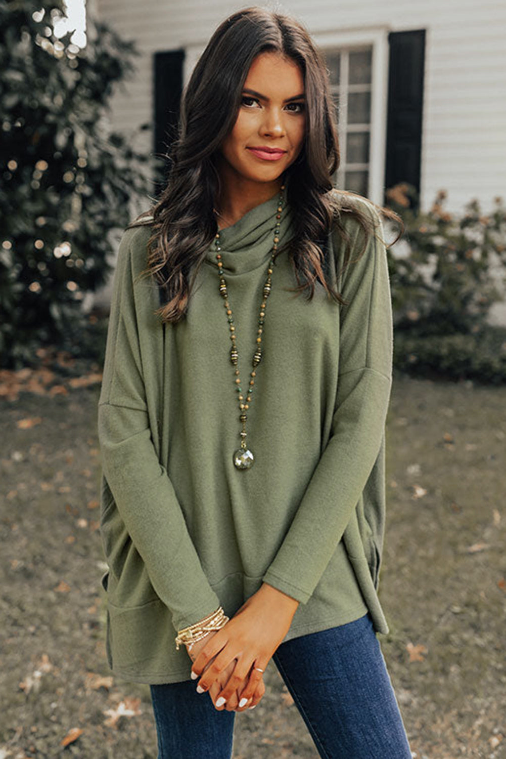 Green Cowl Neck Loose Fit Tunic Top