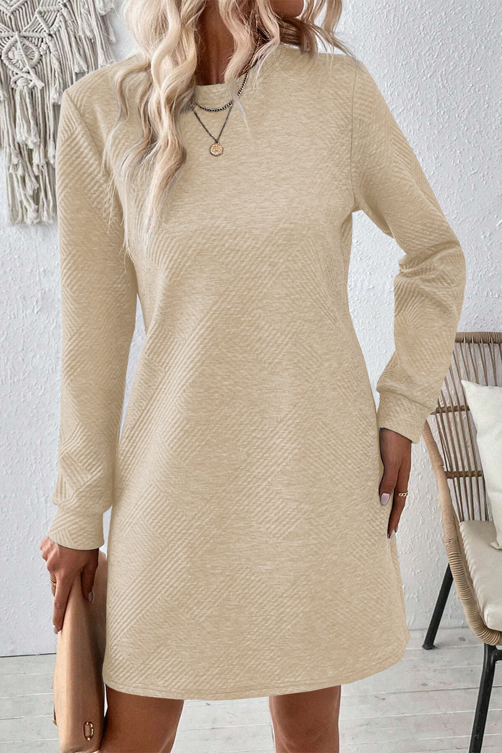 Gray Solid Color Textured Long Sleeve Shift Short Dress