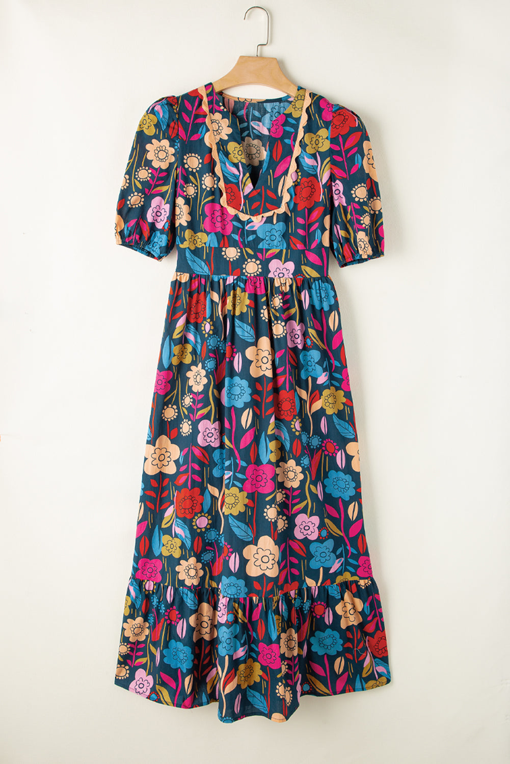 Black 60s Vintage Floral Print Split Neck Ricrac Maxi Dress