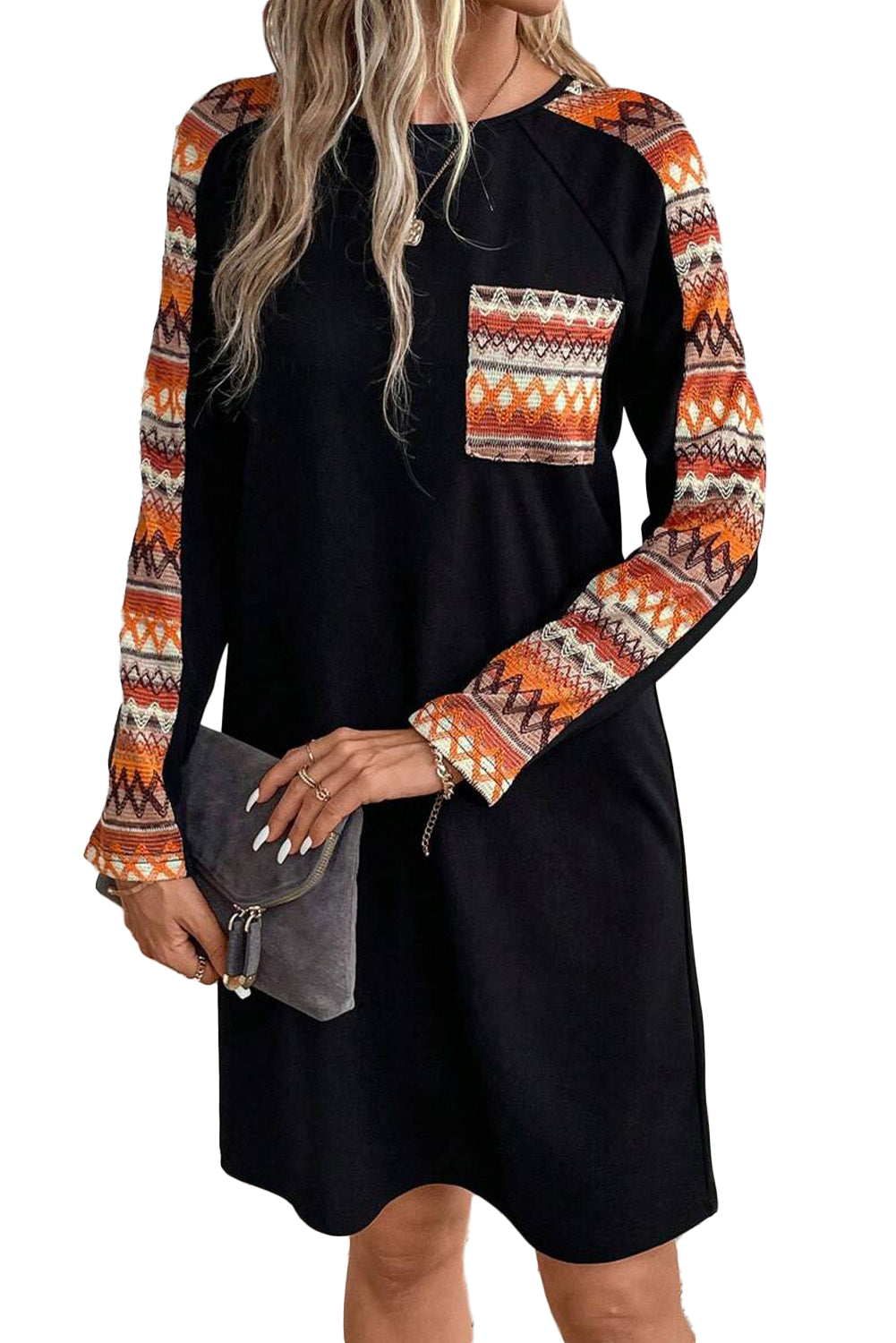 Orange Geometric Patchwork Raglan Sleeve Mini Dress