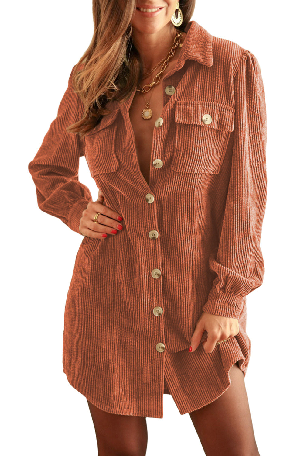 Khaki Flap Pockets Breasted Corduroy Shirt Short Dress