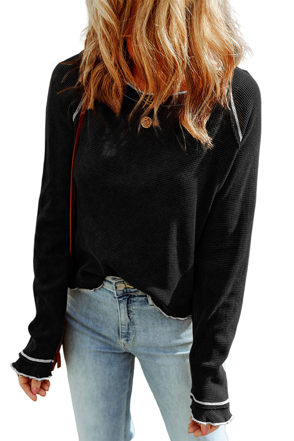 Brown Textured Crewneck Long Sleeve Top