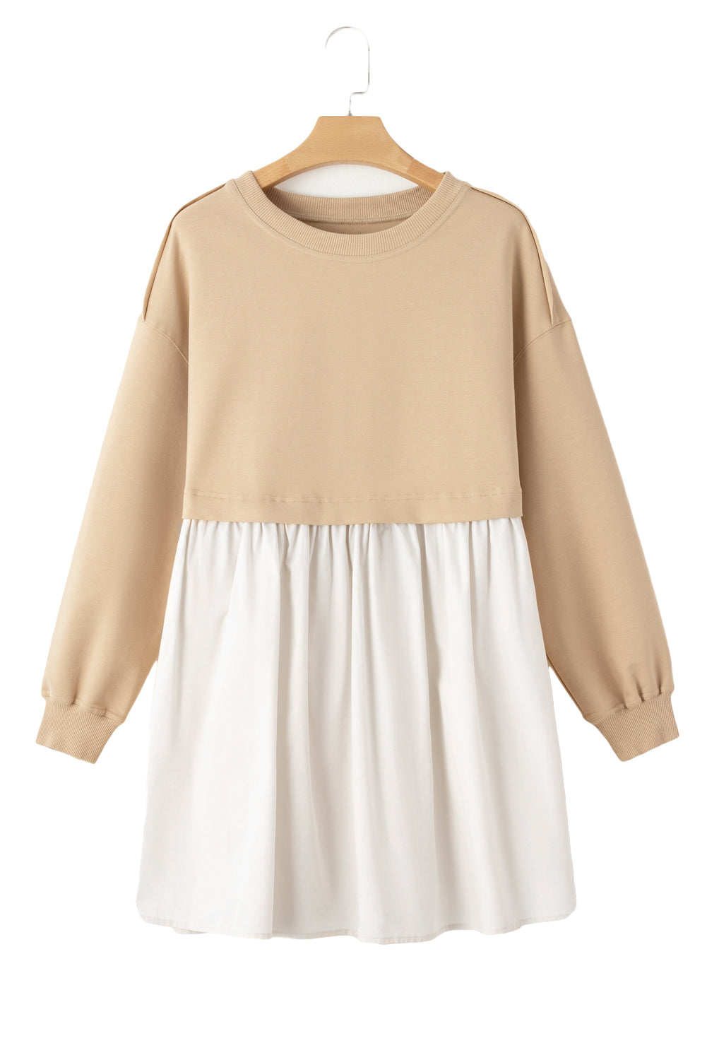 Khaki Sweatshirt Colorblock Flowy Pleated Mini Dress