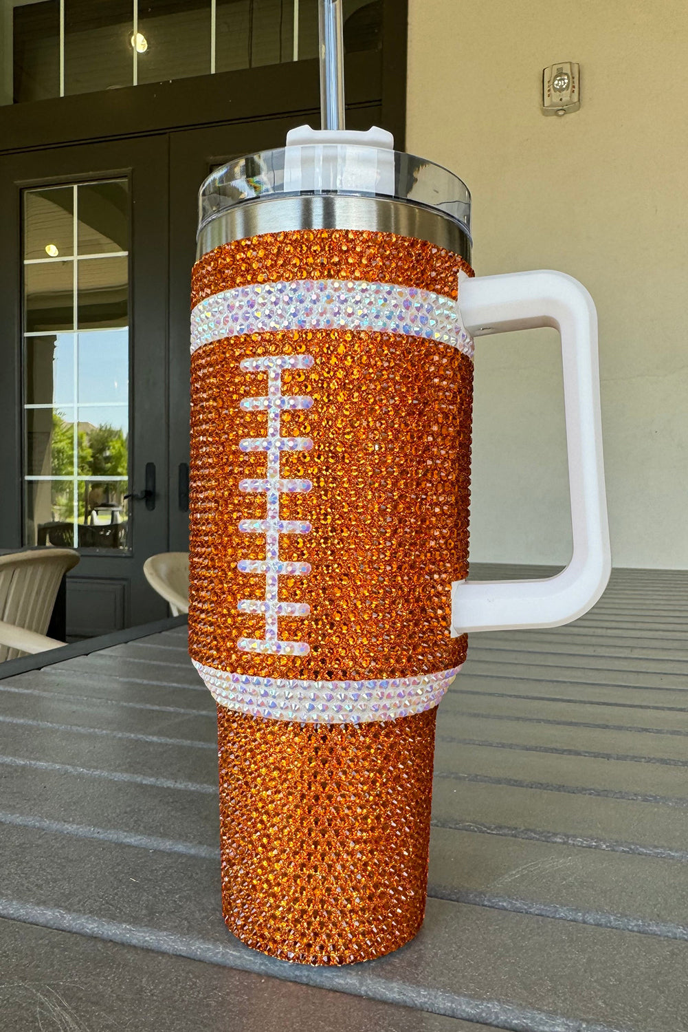 Orange 40oz Rhinestone Rugby Football Handle Vacuum Cup