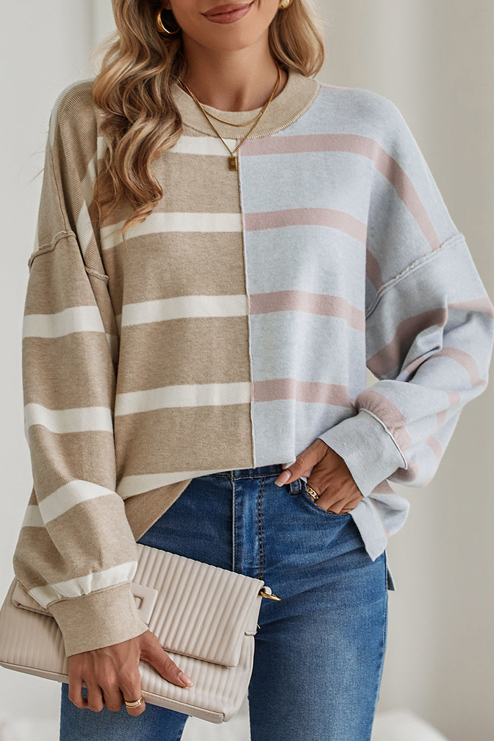 Blue Stripe Exposed Seam Patchwork Loose Sweatshirts