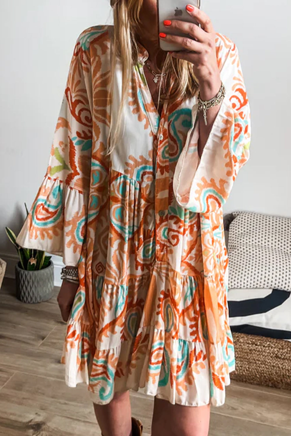 Orange Boho Paisley Print Bracelet Sleeve Mini Dress