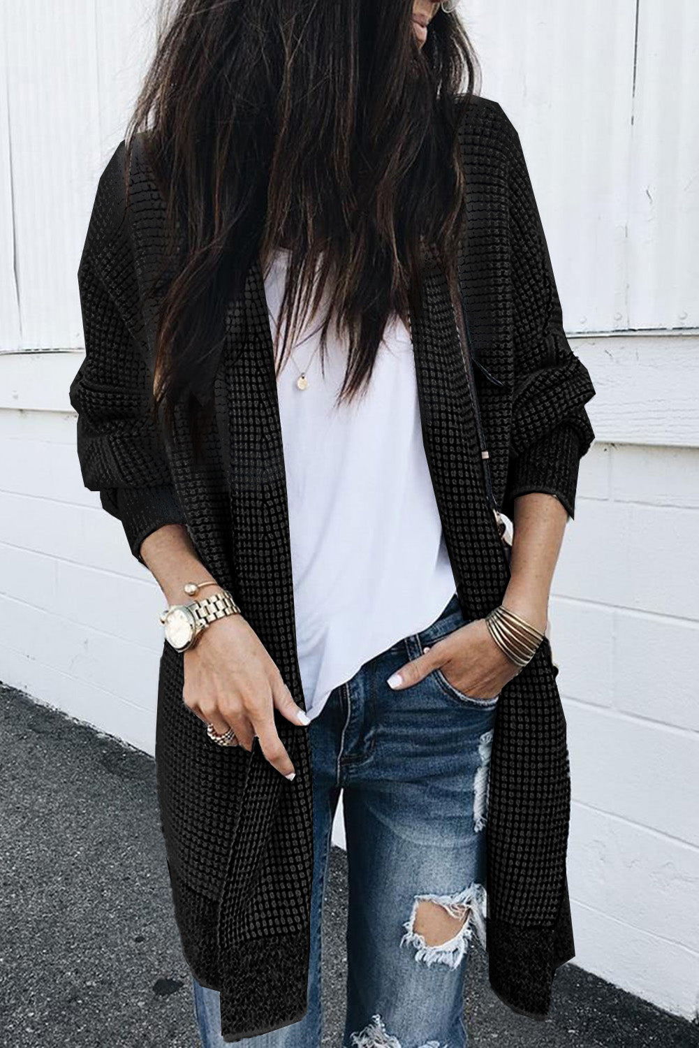 Apricot Plaid Casual Open Front Long Knit Cardigan