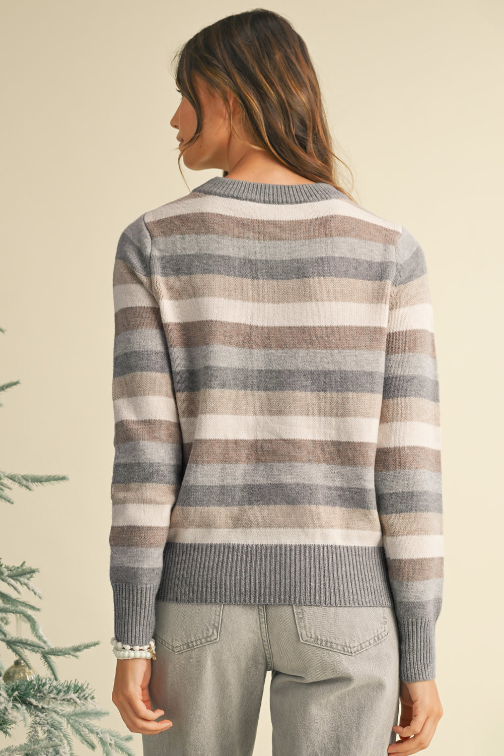 Green Striped Ribbed Edge Round Neck Sweater