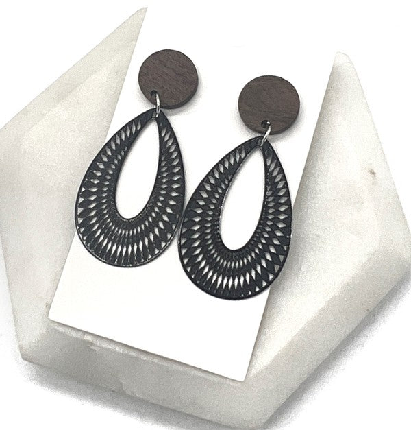 Black and Wood Filigree Statement Earrings