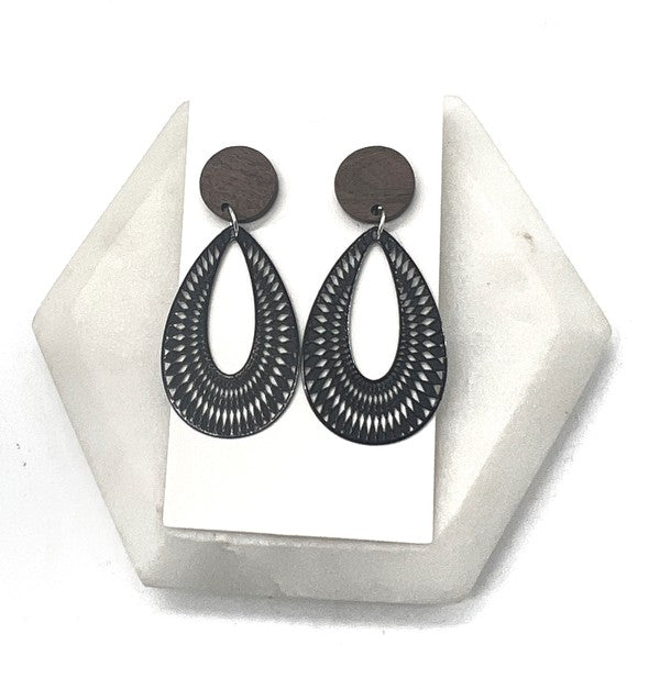 Black and Wood Filigree Statement Earrings