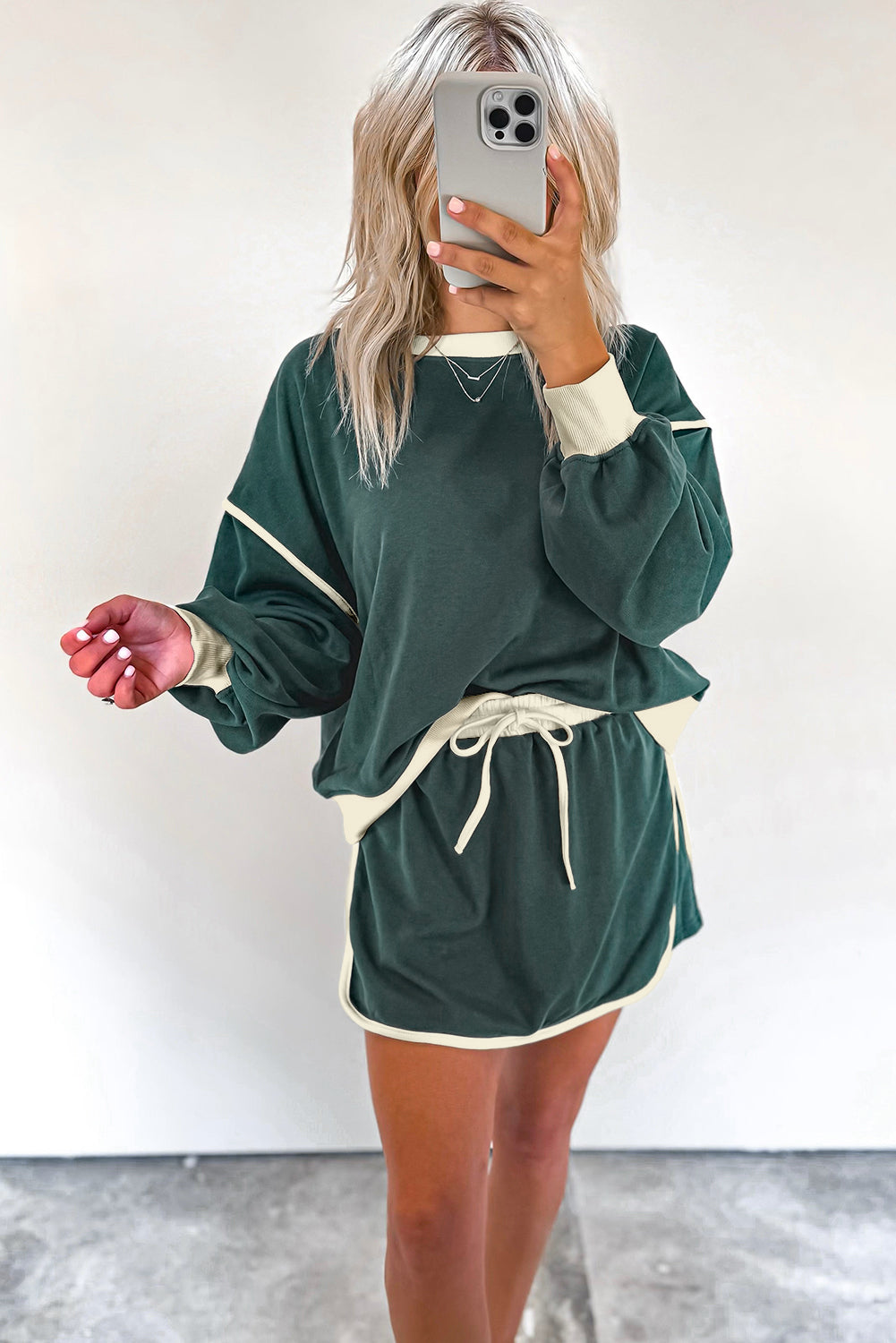 Coffee Contrast Trim Loose Pullover and Lace-up Waist Skort Set