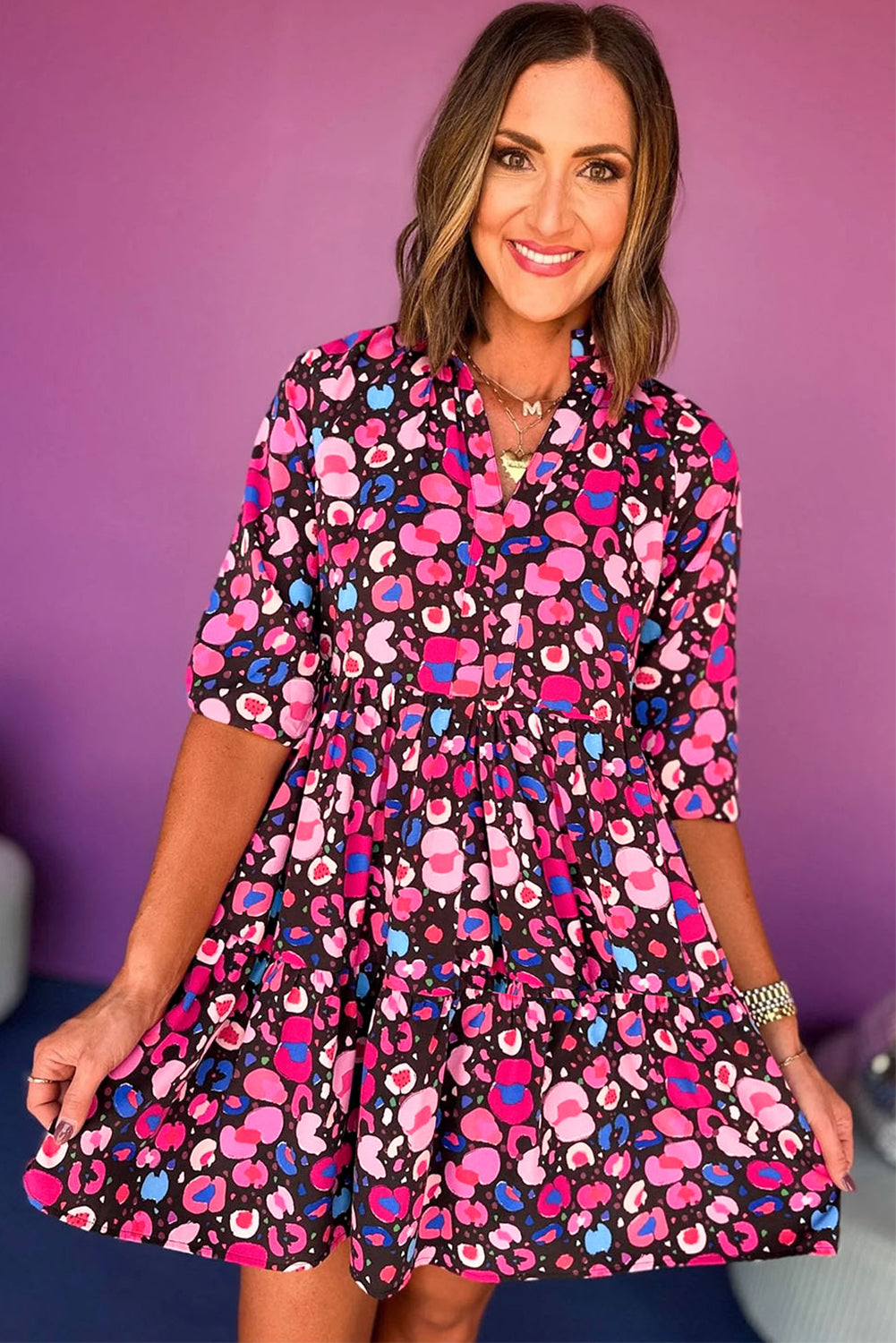 Rose Abstract Print V Neck Collared Half Sleeve Short Dress