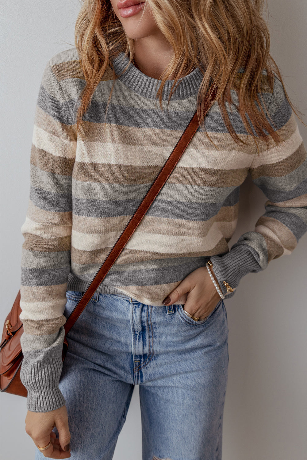 Green Striped Ribbed Edge Round Neck Sweater