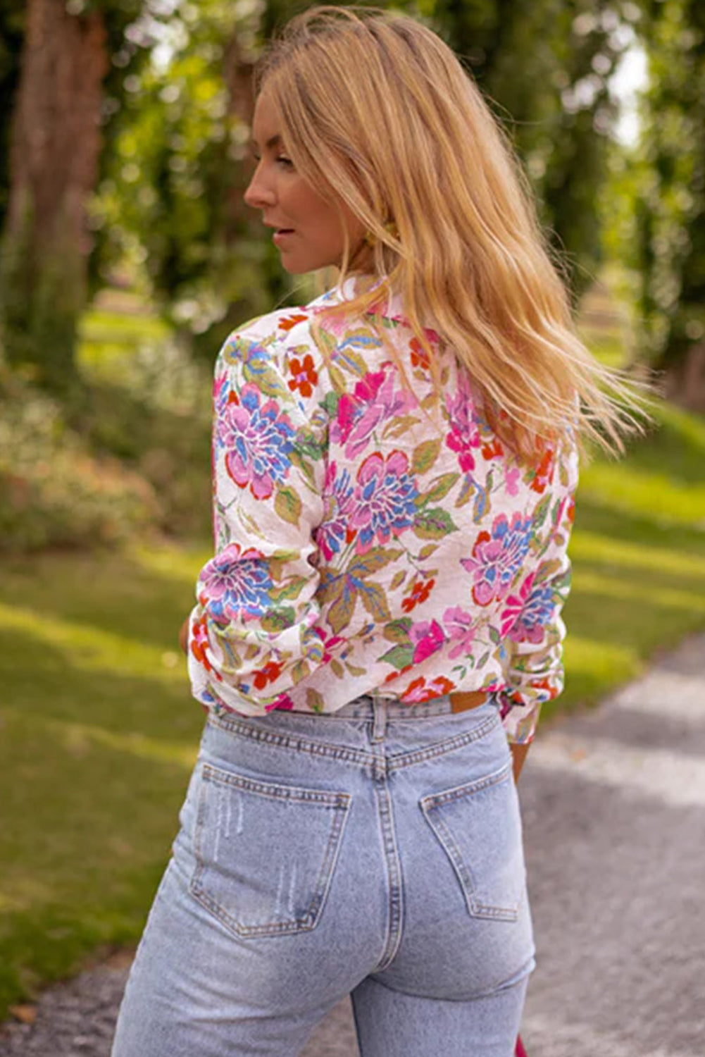 Red Floral Print Buttoned Turn Down Collar Boho Shirt