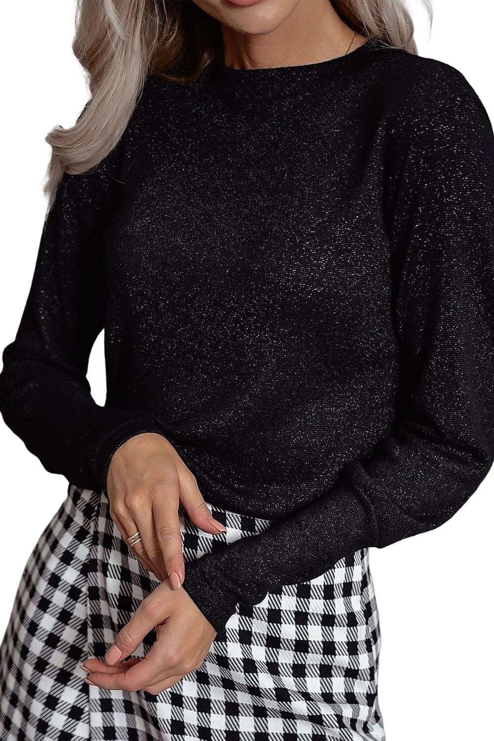 Black Elegant Glitter Round Neck Long Sleeve Top