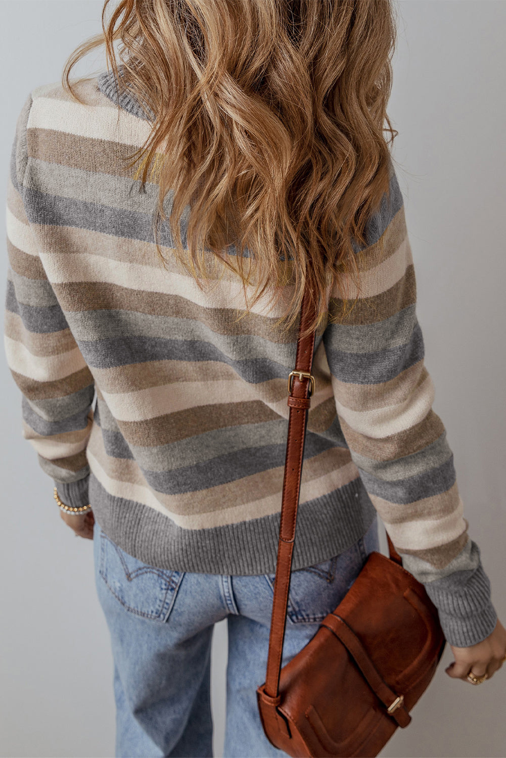 Green Striped Ribbed Edge Round Neck Sweater