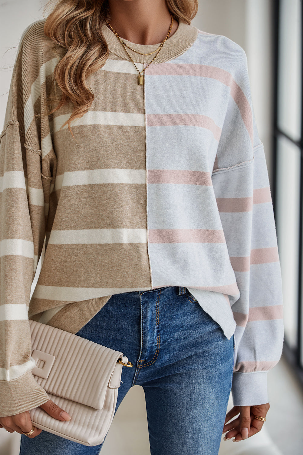 Blue Stripe Exposed Seam Patchwork Loose Sweatshirts