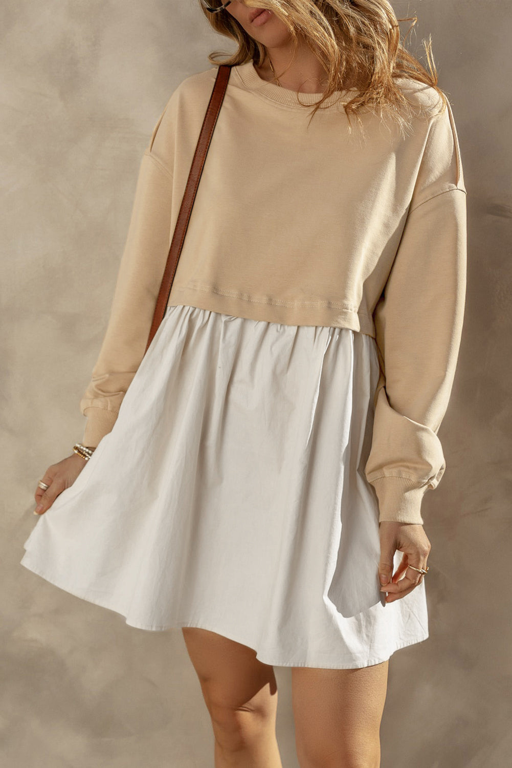 Khaki Sweatshirt Colorblock Flowy Pleated Mini Dress