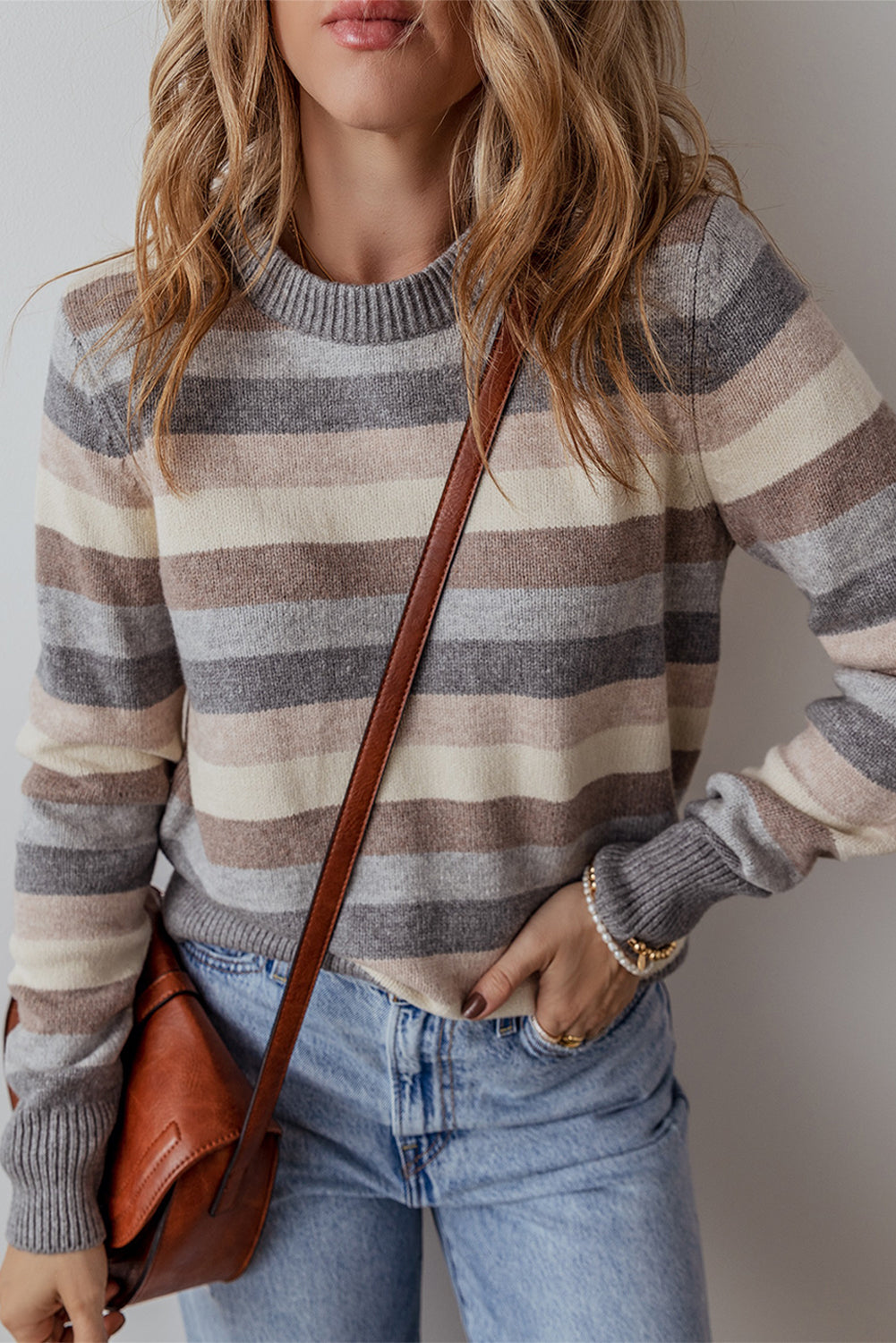 Green Striped Ribbed Edge Round Neck Sweater