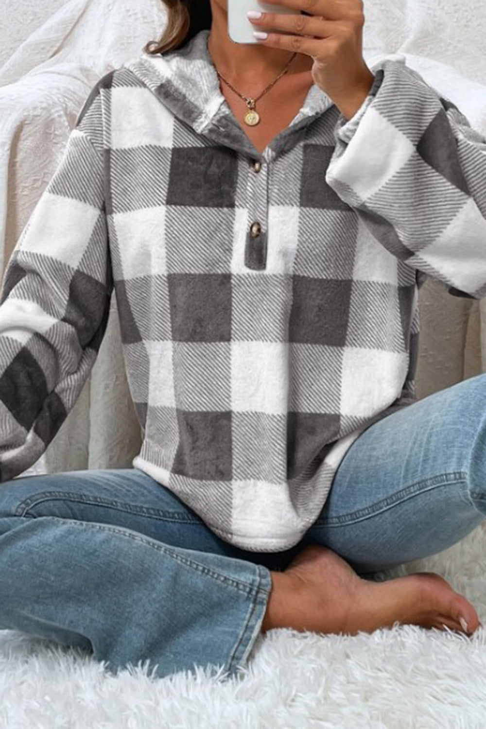 Plaid Quarter Button Dropped Shoulder Hoodie