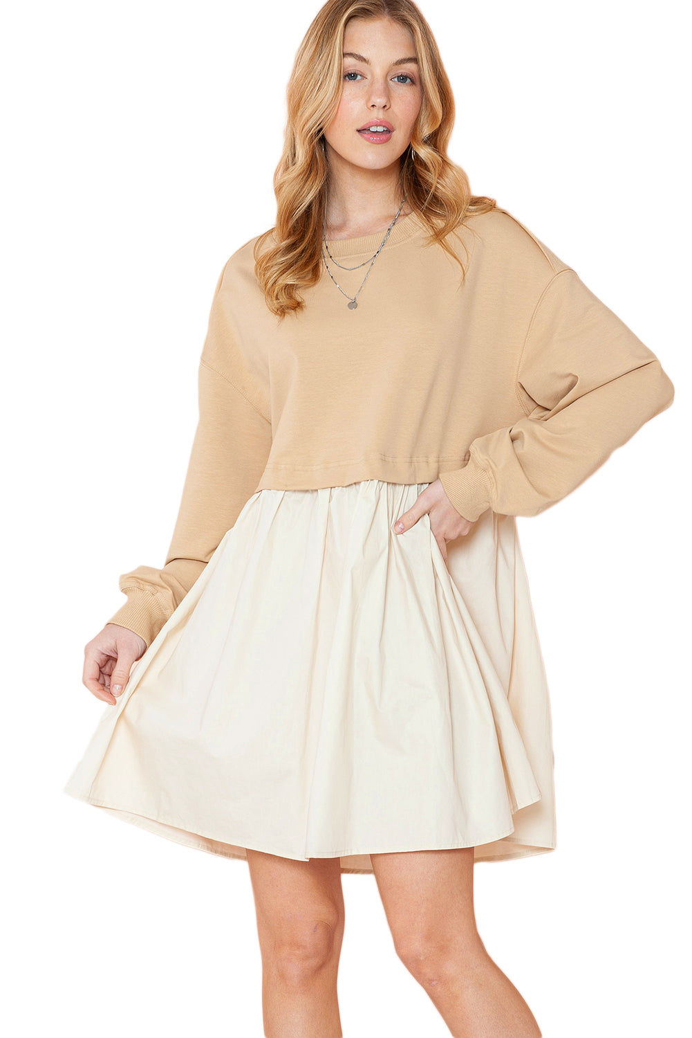 Khaki Sweatshirt Colorblock Flowy Pleated Mini Dress