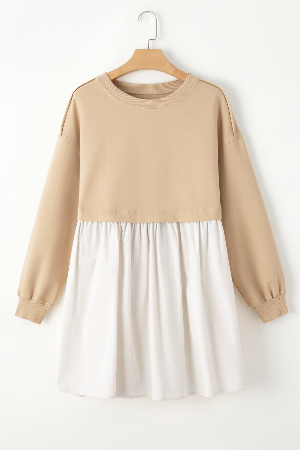 Khaki Sweatshirt Colorblock Flowy Pleated Mini Dress