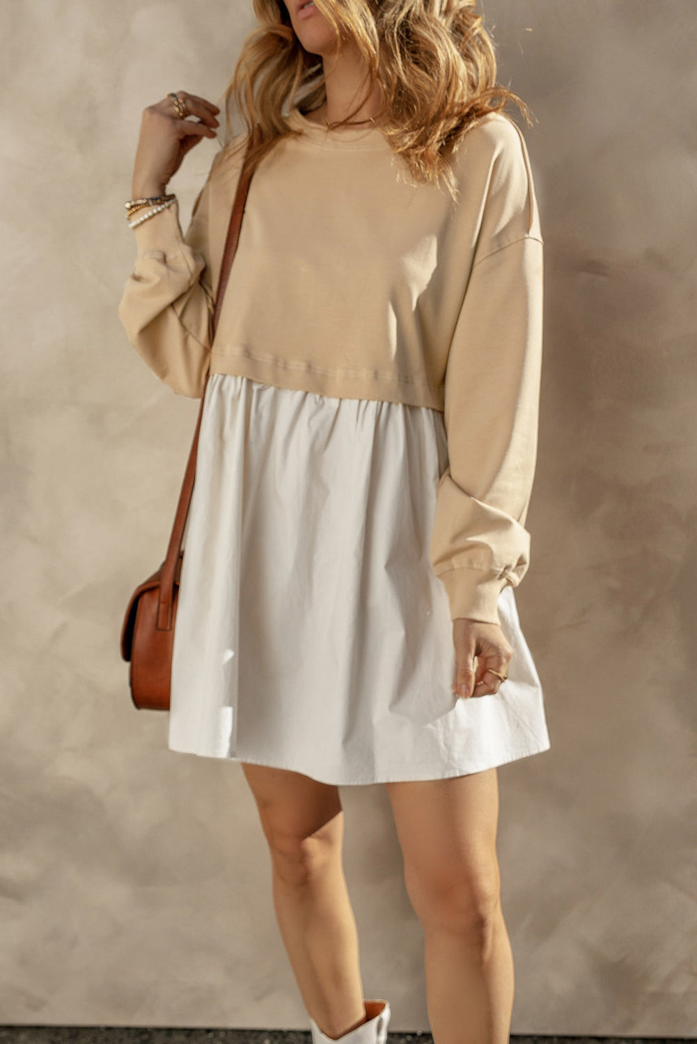 Khaki Sweatshirt Colorblock Flowy Pleated Mini Dress