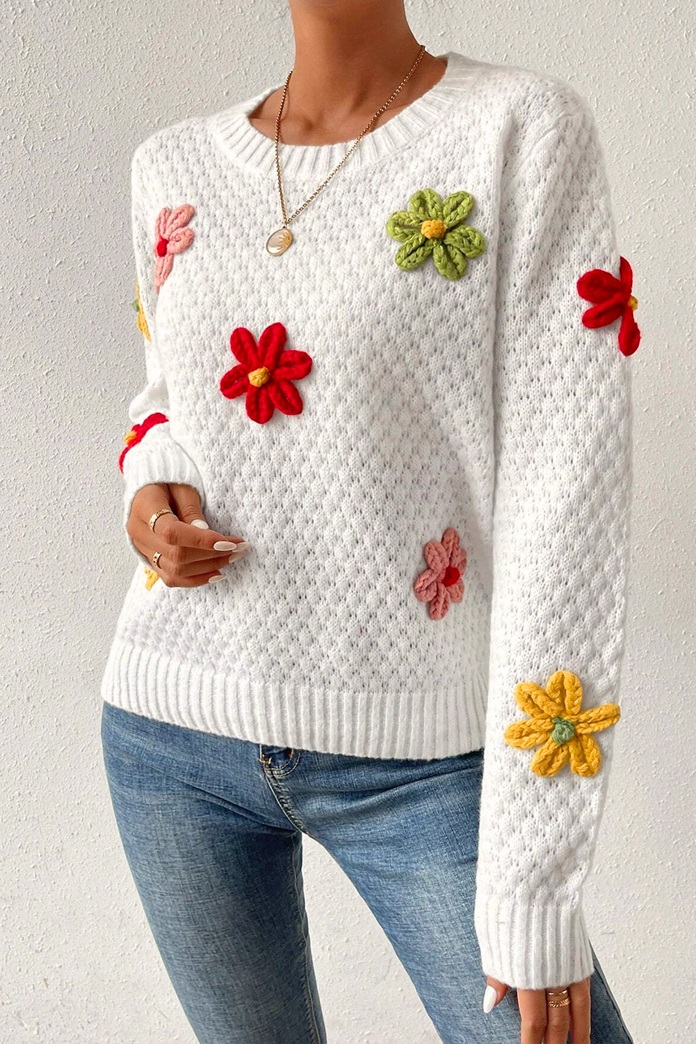 White Textured Knit 60s Vintage Flower Applique Sweater