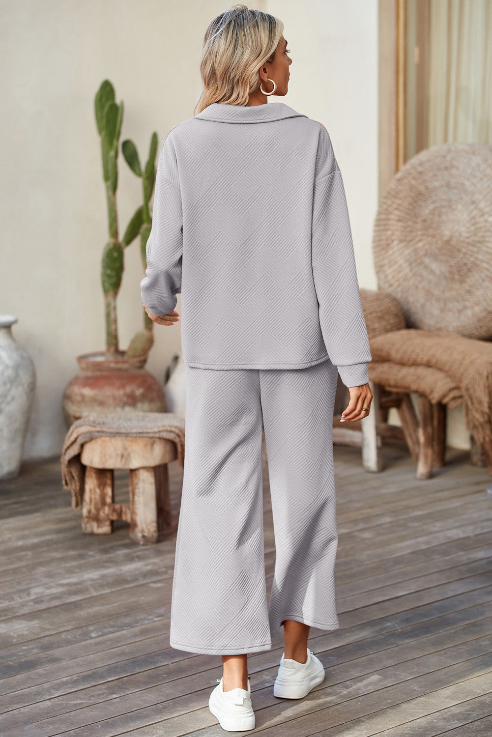 Sail Blue Solid Textured Collared V Neck Top and Wide Leg Pants Set