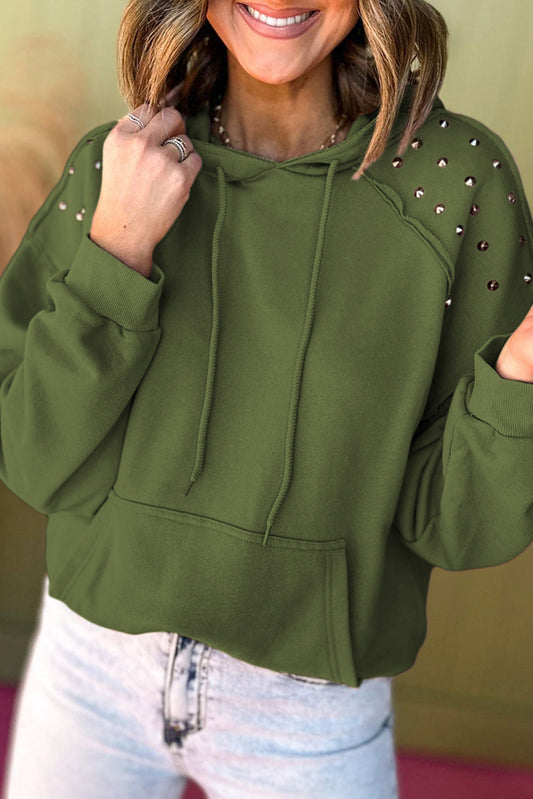 Vineyard Green Stud Detail Kangaroo Pocket Drawstring Hoodie