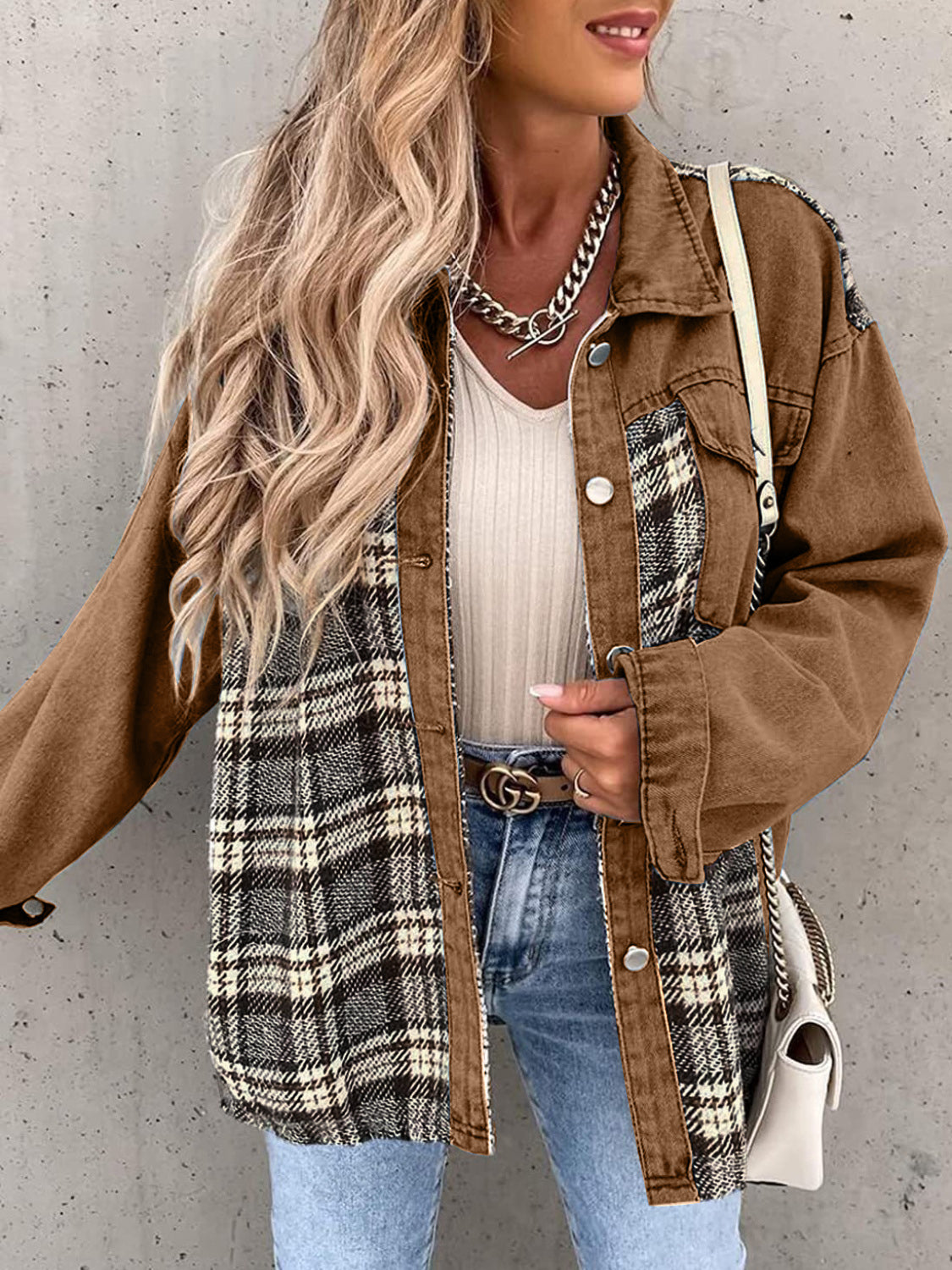 Plaid Button Up Dropped Shoulder Jacket