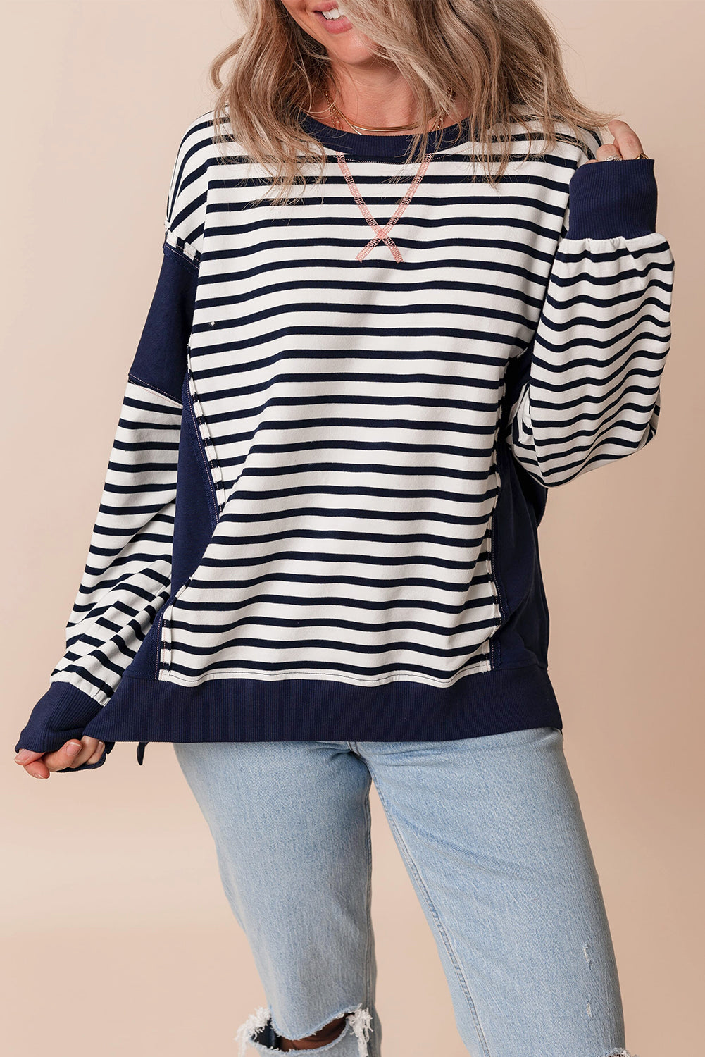 White Stripe Patchwork Exposed Seam Loose Fit Sweatshirt