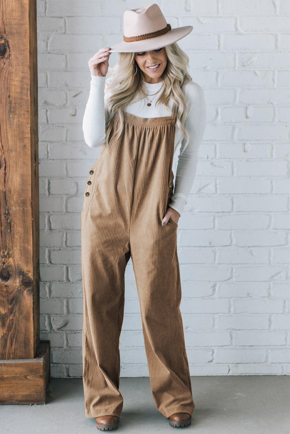 Jungle Green Plain Pocketed Loose Fit Corduroy Overalls