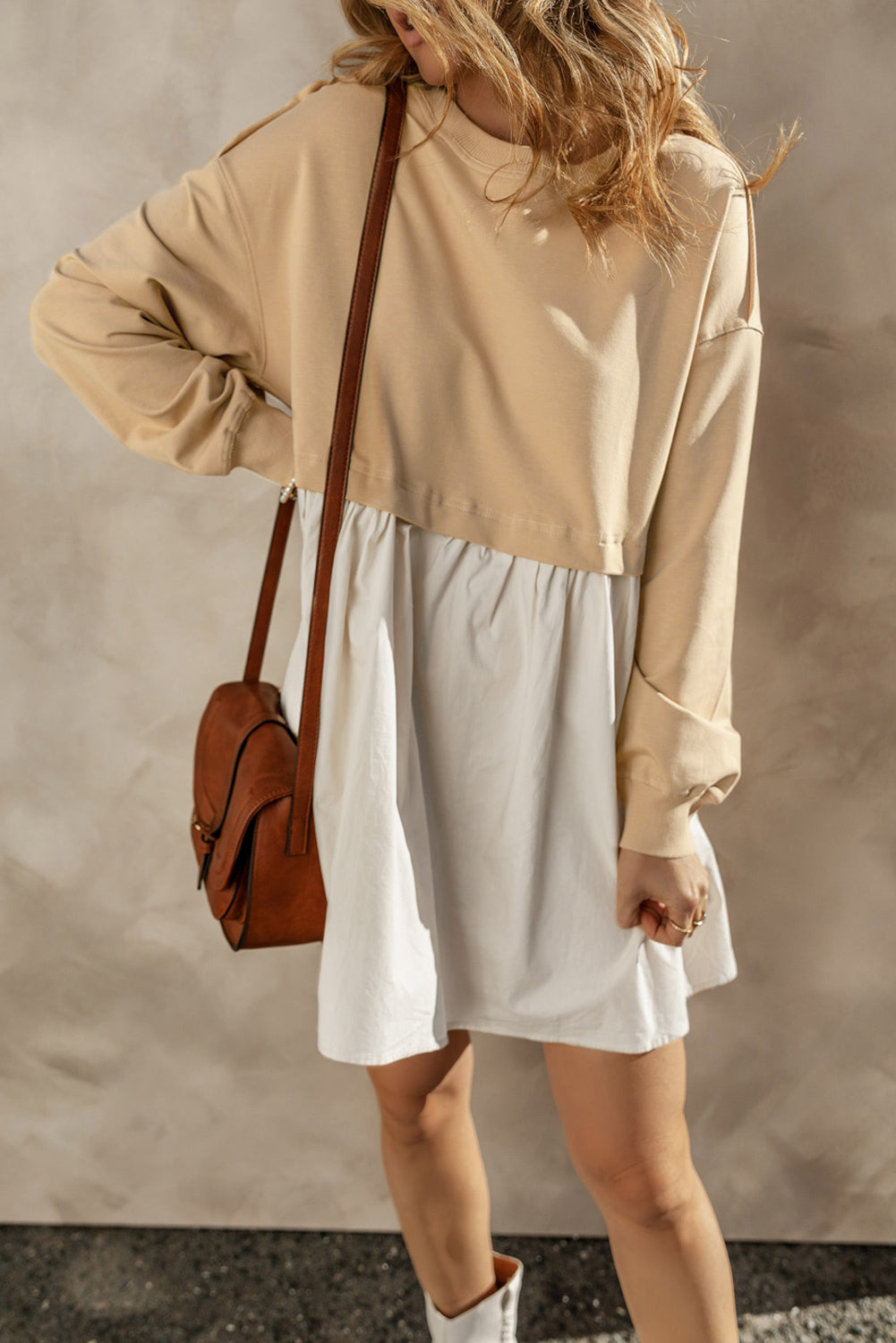 Khaki Sweatshirt Colorblock Flowy Pleated Mini Dress