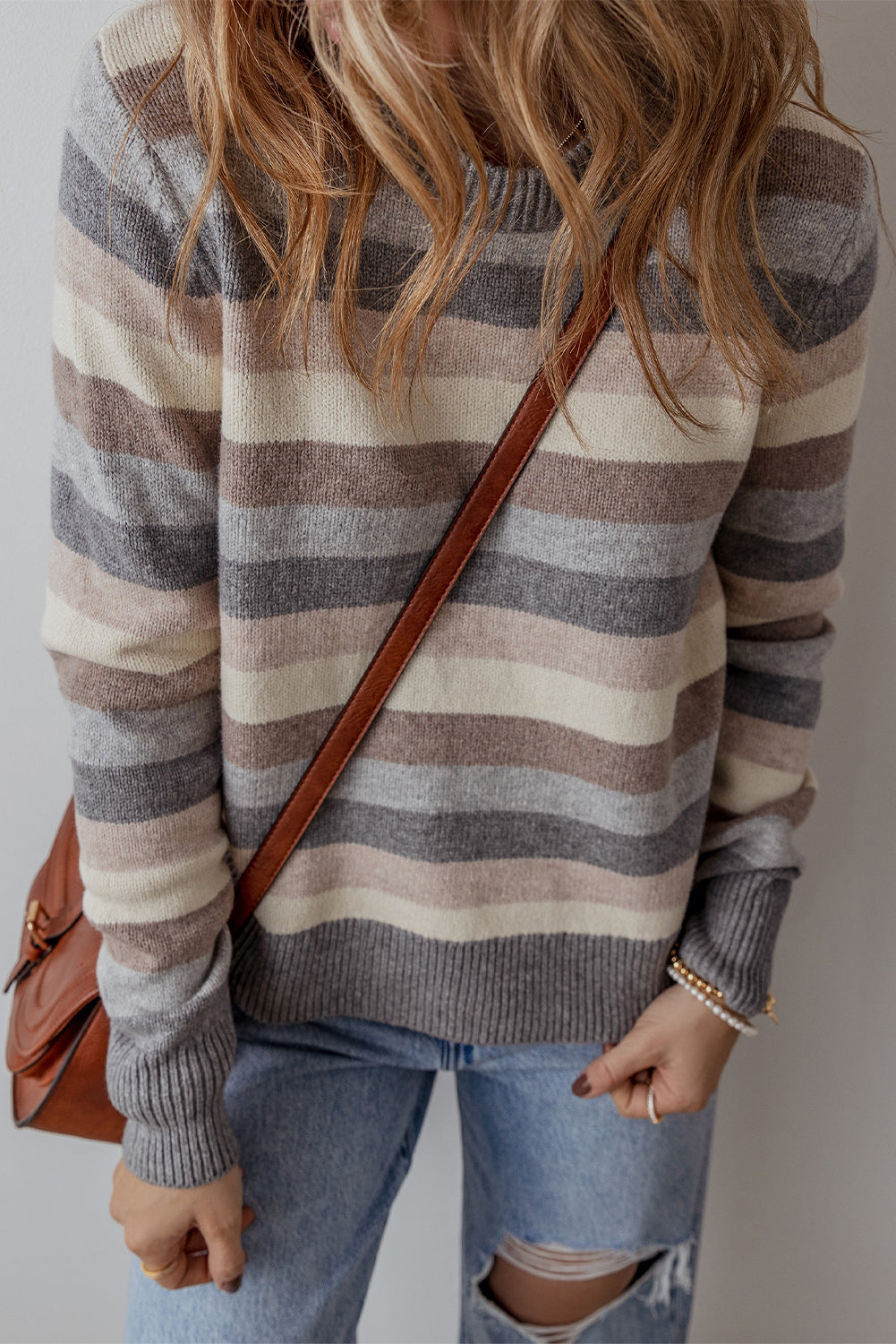 Green Striped Ribbed Edge Round Neck Sweater