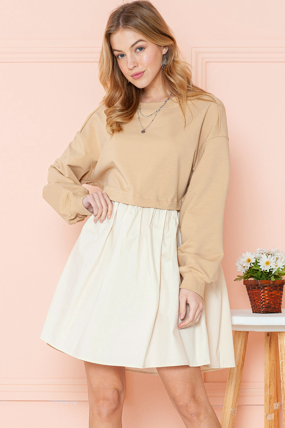 Khaki Sweatshirt Colorblock Flowy Pleated Mini Dress