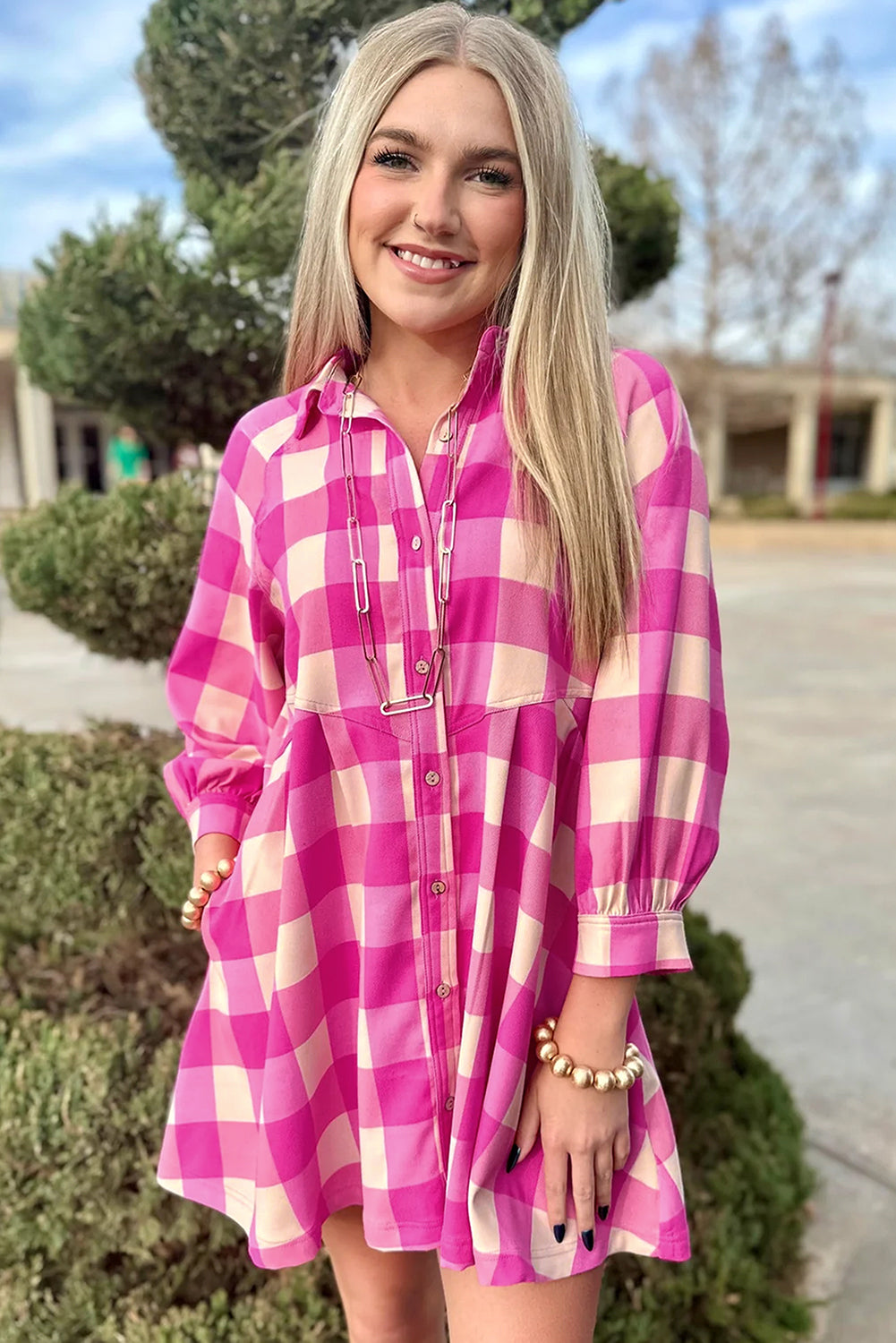 Rose Red Hidden Pocket Plaid Button Down Shirt Dress