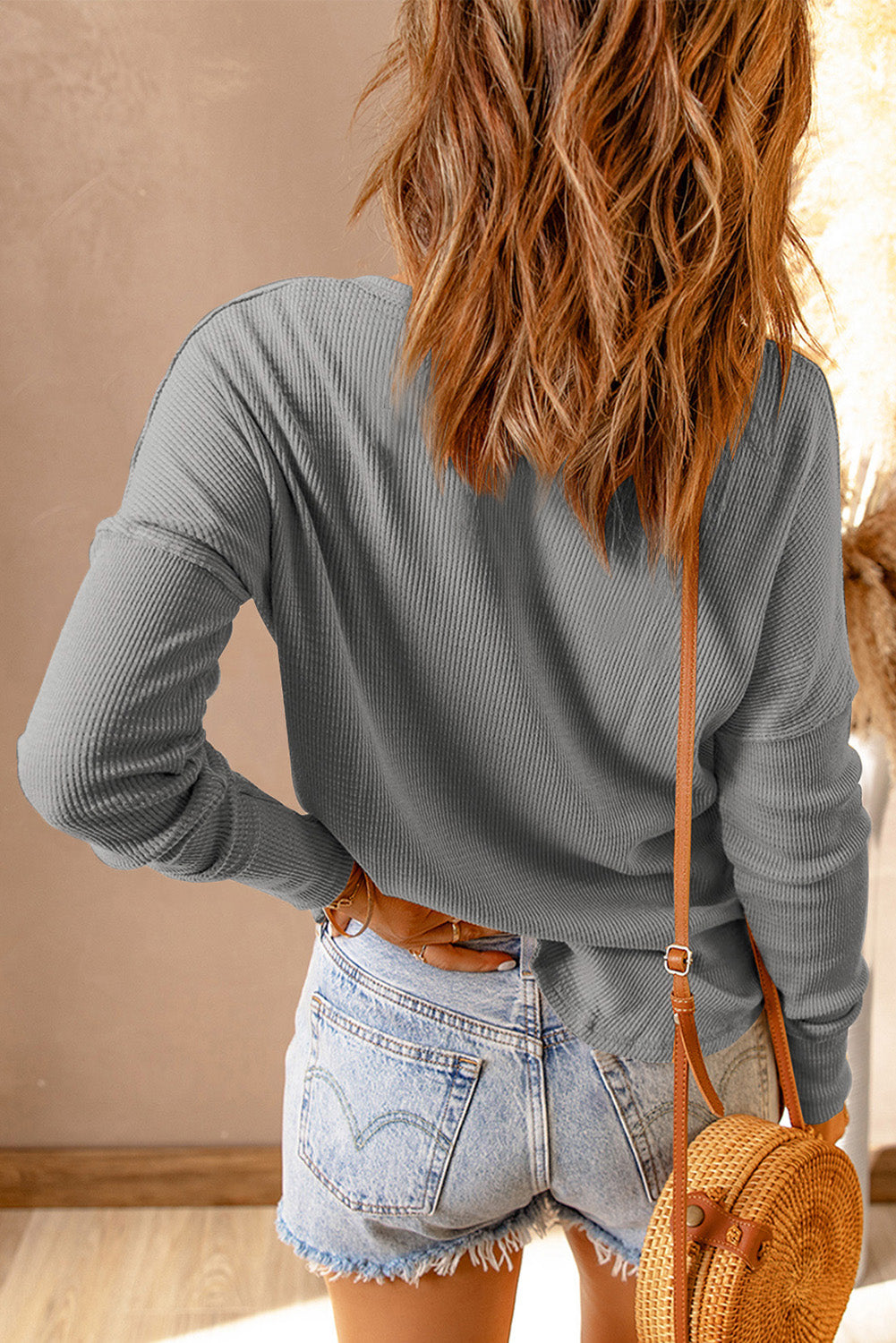 Grey Waffle Knit Long Sleeve Henley Shirt for Women