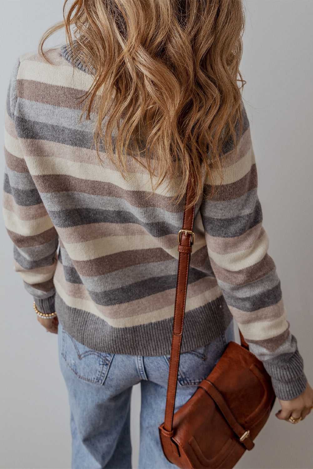 Green Striped Ribbed Edge Round Neck Sweater