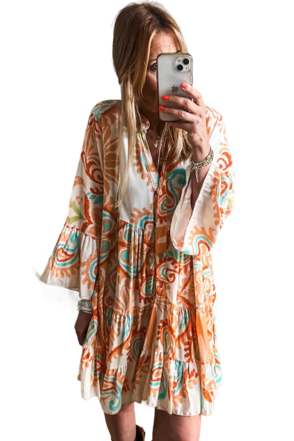 Orange Boho Paisley Print Bracelet Sleeve Mini Dress