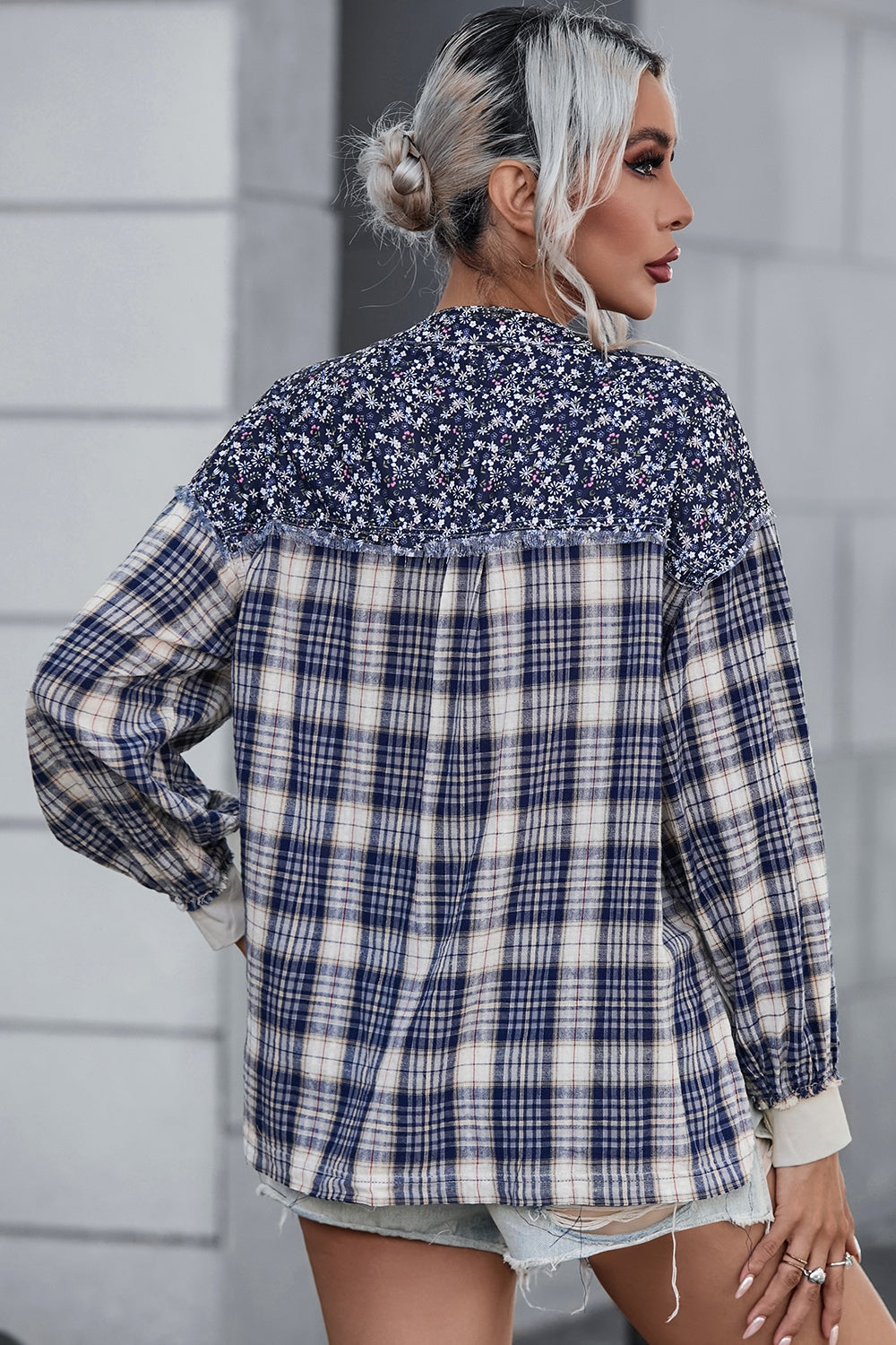 Plaid Notched Neck Slit Blouse