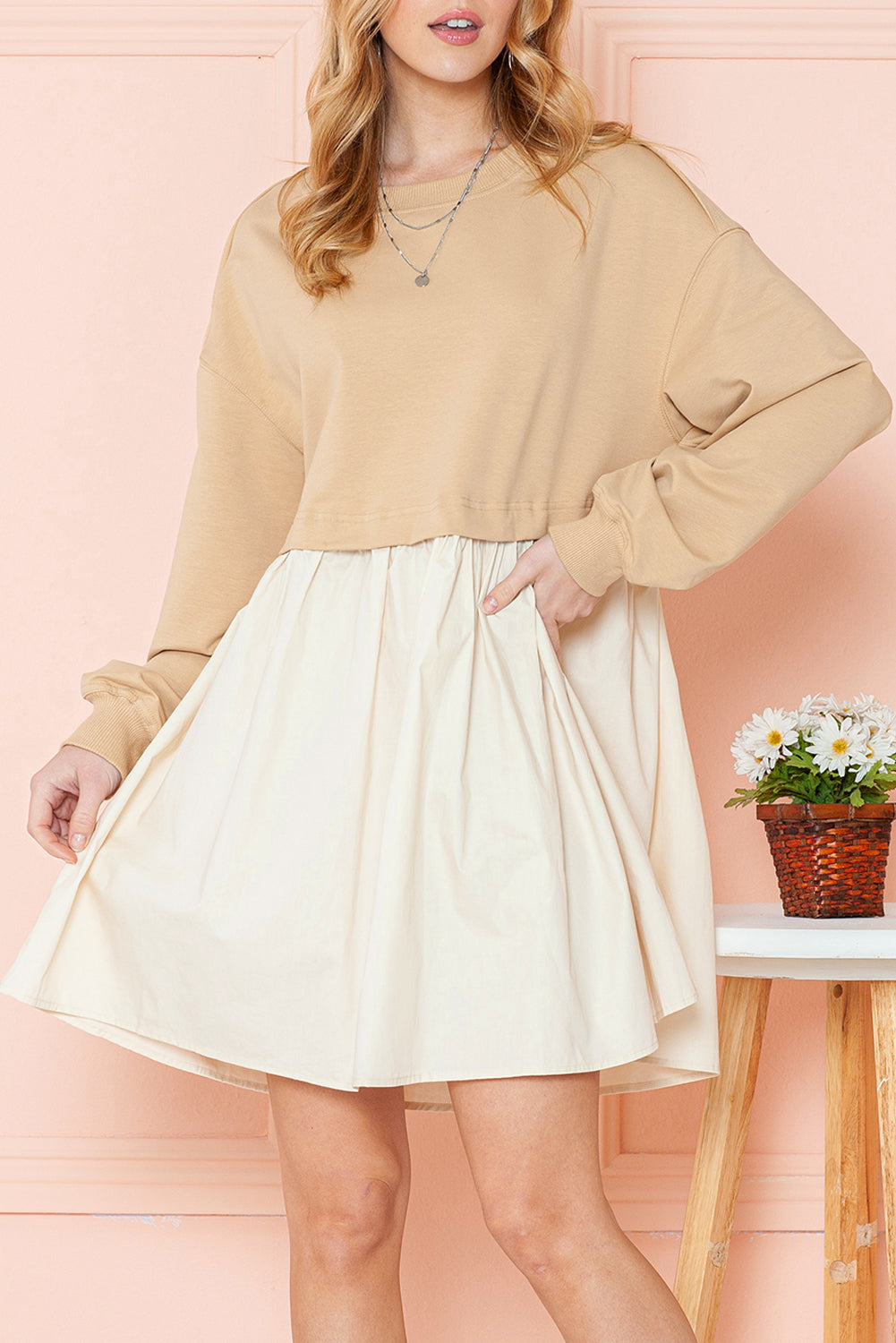 Khaki Sweatshirt Colorblock Flowy Pleated Mini Dress