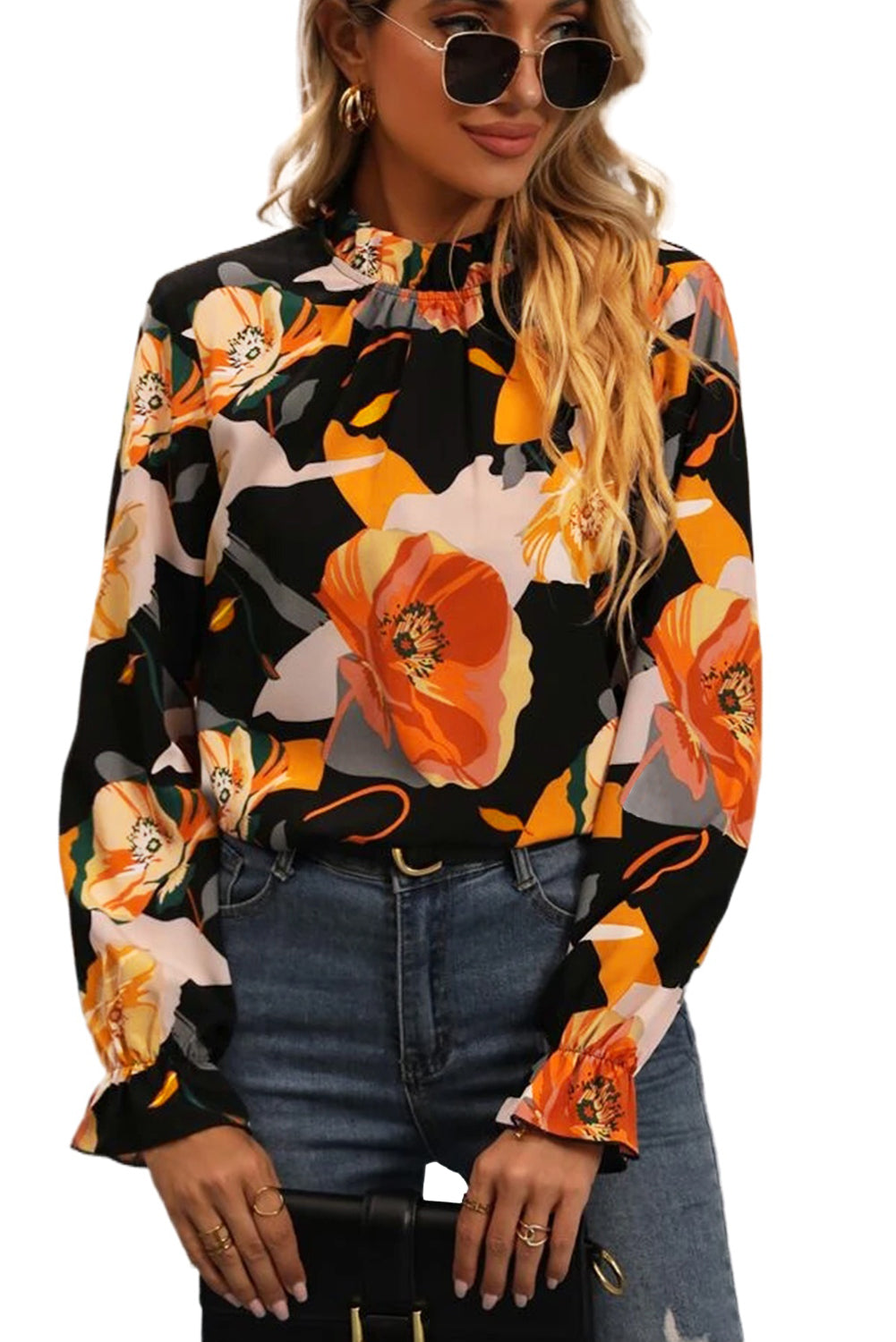 Black Floral Frilled Neck Peasant Sleeve Blouse