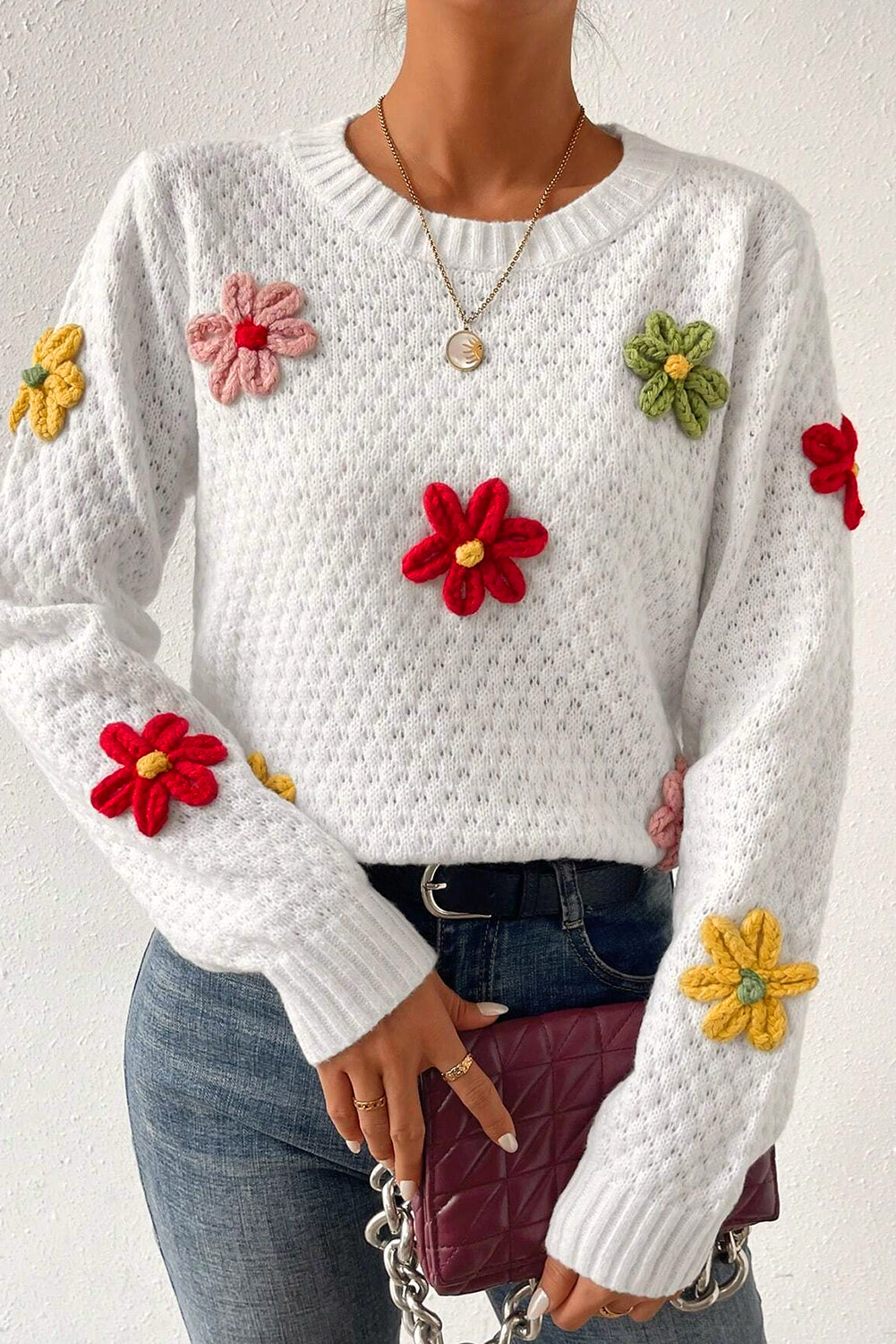 White Textured Knit 60s Vintage Flower Applique Sweater