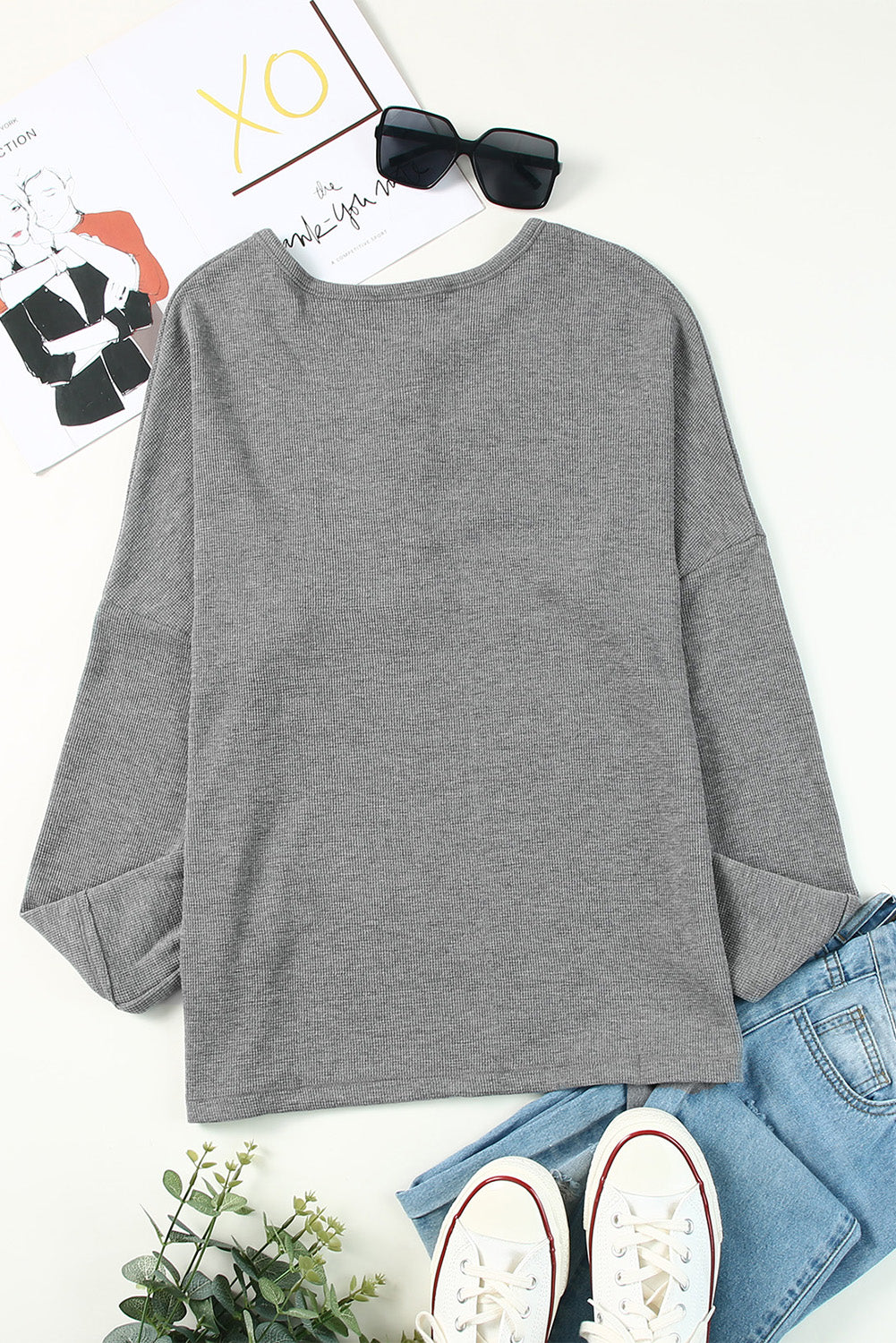 Grey Waffle Knit Long Sleeve Henley Shirt for Women