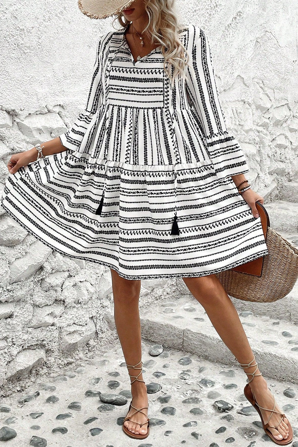 Black Striped Fringe Tie Neck Bell Sleeve V Neck Mini Dress