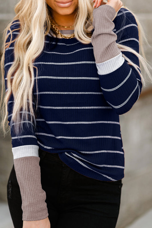 Dark Blue Striped Spliced Color Block Rib Knit Top