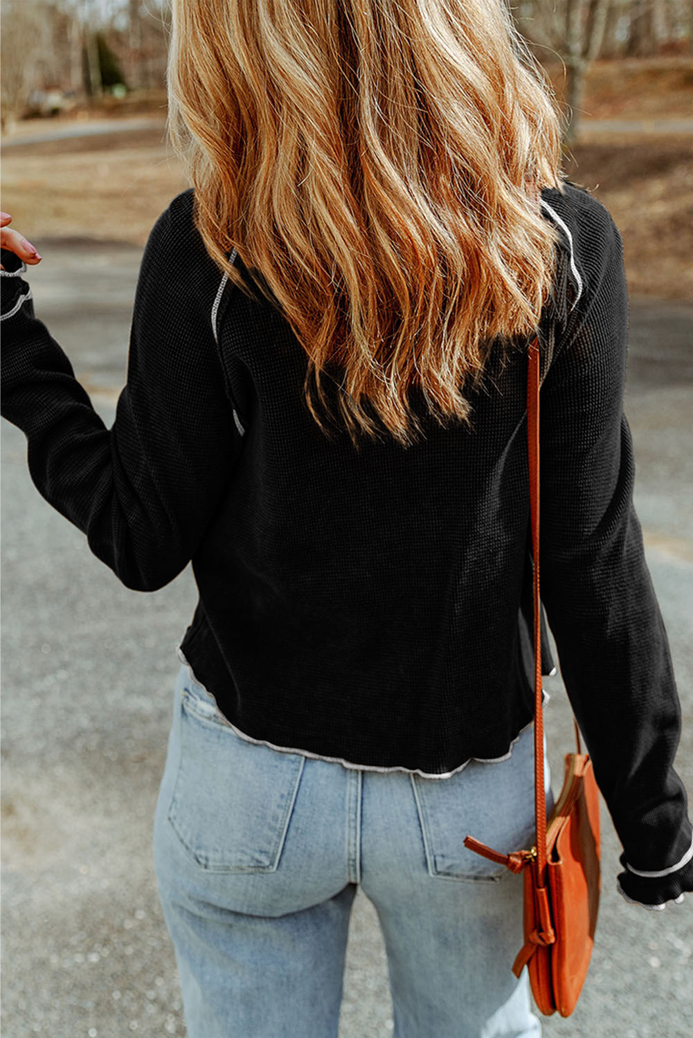 Brown Textured Crewneck Long Sleeve Top