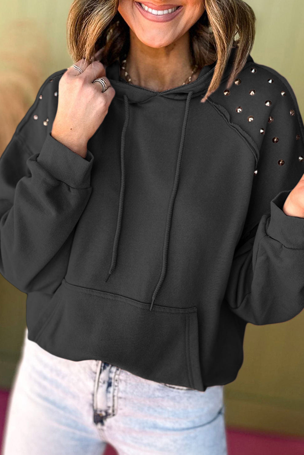 Vineyard Green Stud Detail Kangaroo Pocket Drawstring Hoodie