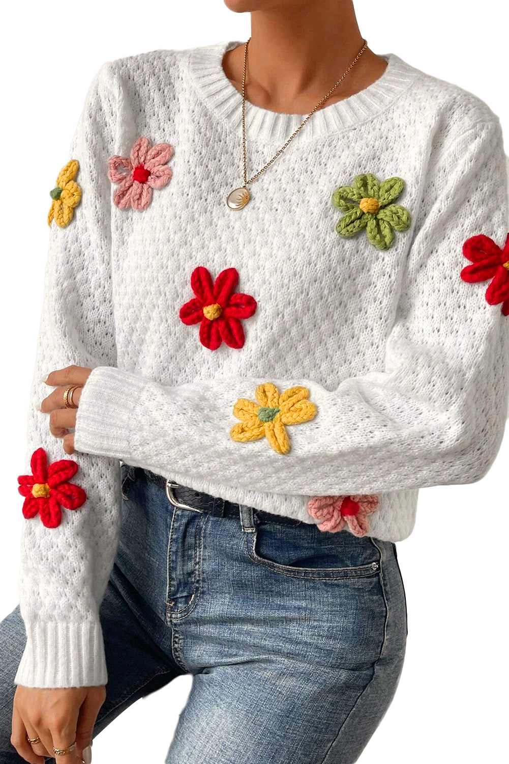 White Textured Knit 60s Vintage Flower Applique Sweater